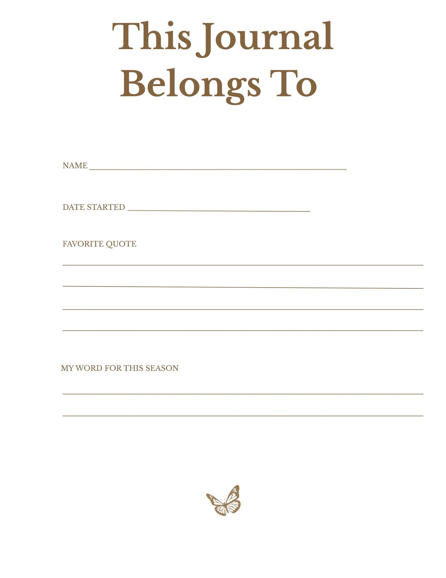 Inspired Living Journal ownership page with space for name and date, designed for personal reflection and gratitude journaling.