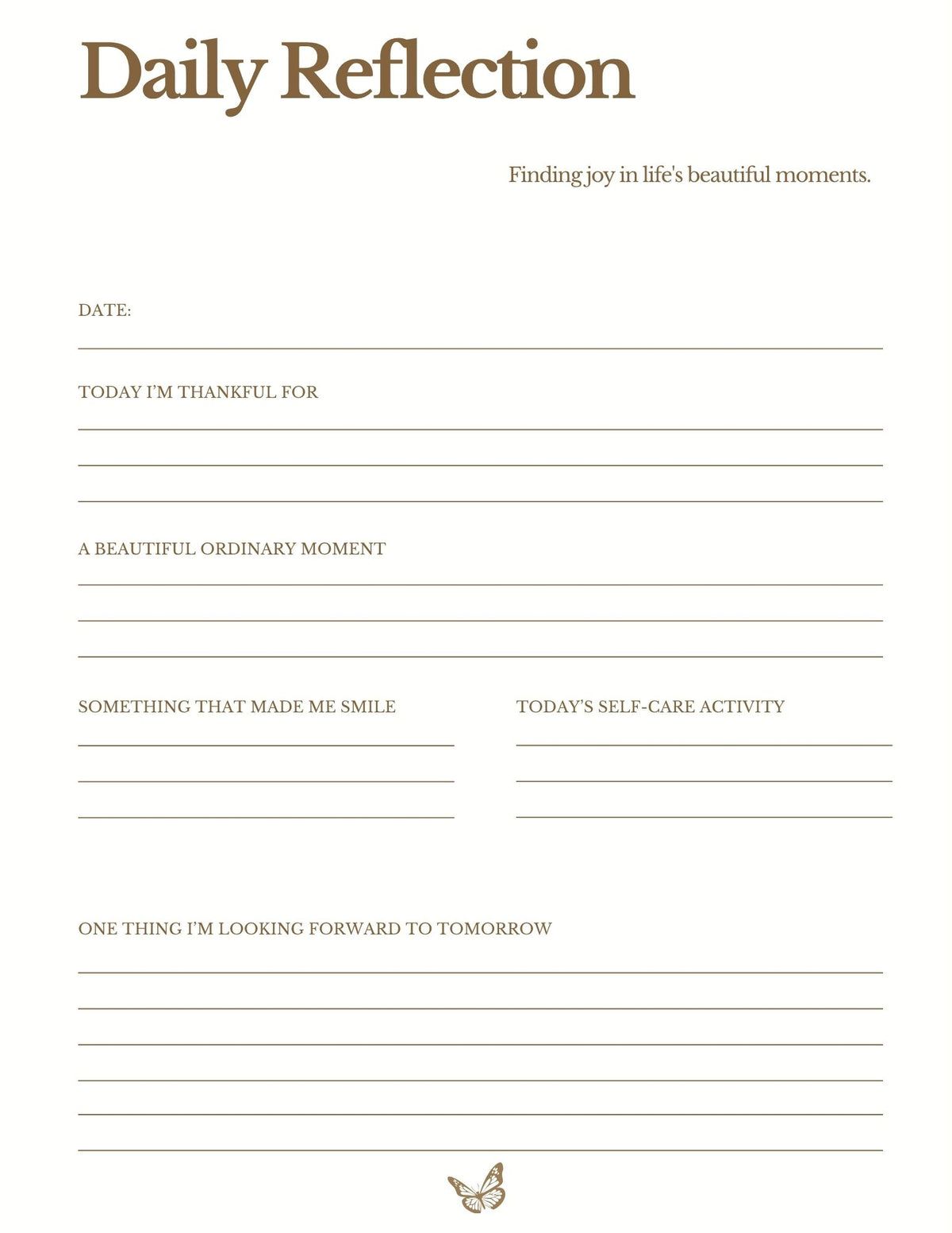 Daily reflection journal page featuring gratitude prompts, meaningful moments, and notes space.