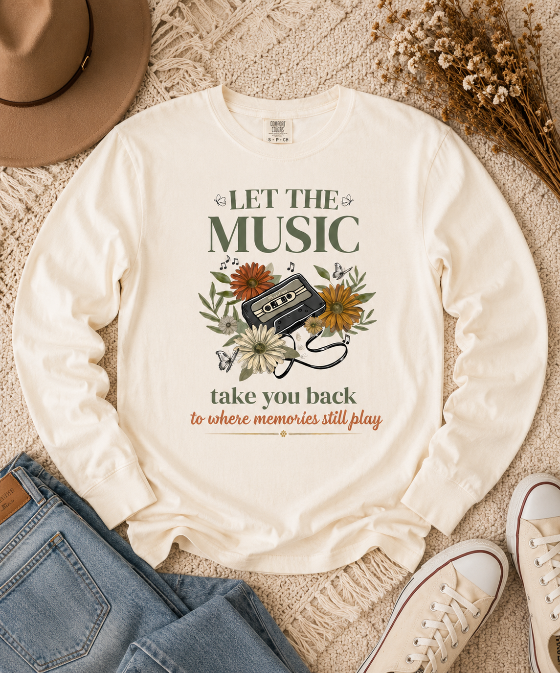 Comfort Colors Ivory long sleeve shirt flat lay with "Let the Music Take You Back to Where Memories Still Play" retro cassette floral design.