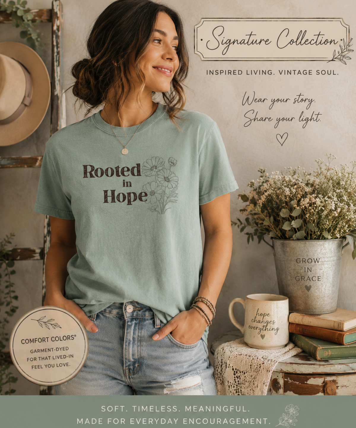 Woman wearing a vintage bay green “Rooted in Hope” Comfort Colors t-shirt in a warm rustic studio setting with soft boho-inspired decor and nostalgic lifestyle styling.