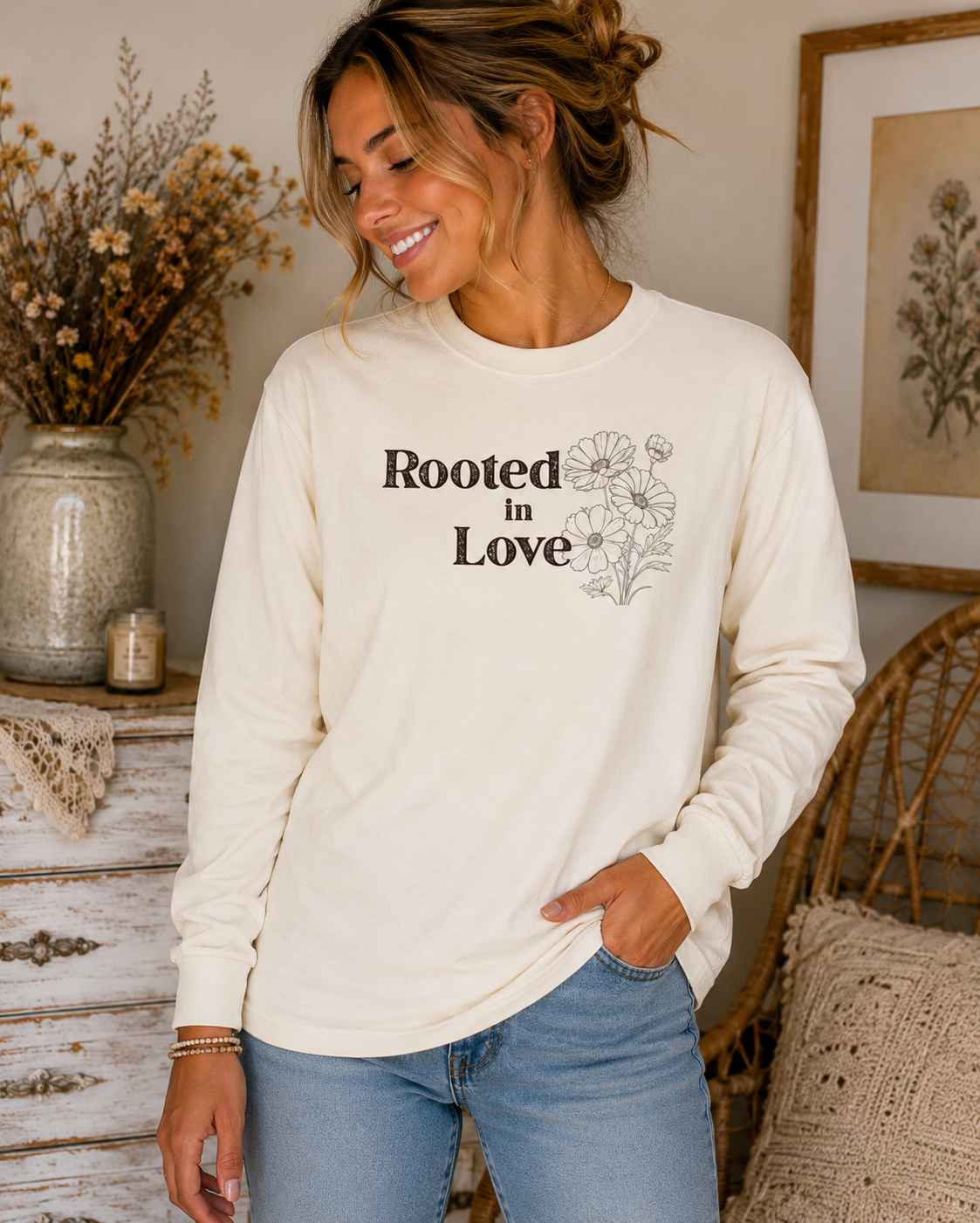 Comfort Colors Ivory long sleeve shirt with Rooted in Love floral design worn by woman in cozy vintage-inspired home