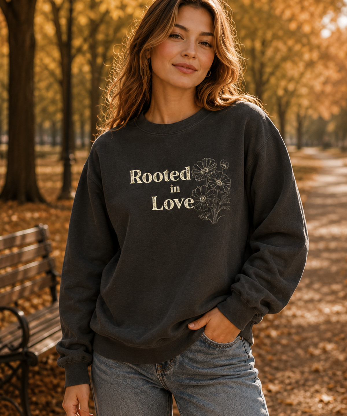 A woman wearing a pepper comfort colors sweatshirt with 'Rooted in Love' and a floral graphic printed on the front, standing in an autumn park with fallen leaves and trees in the background.