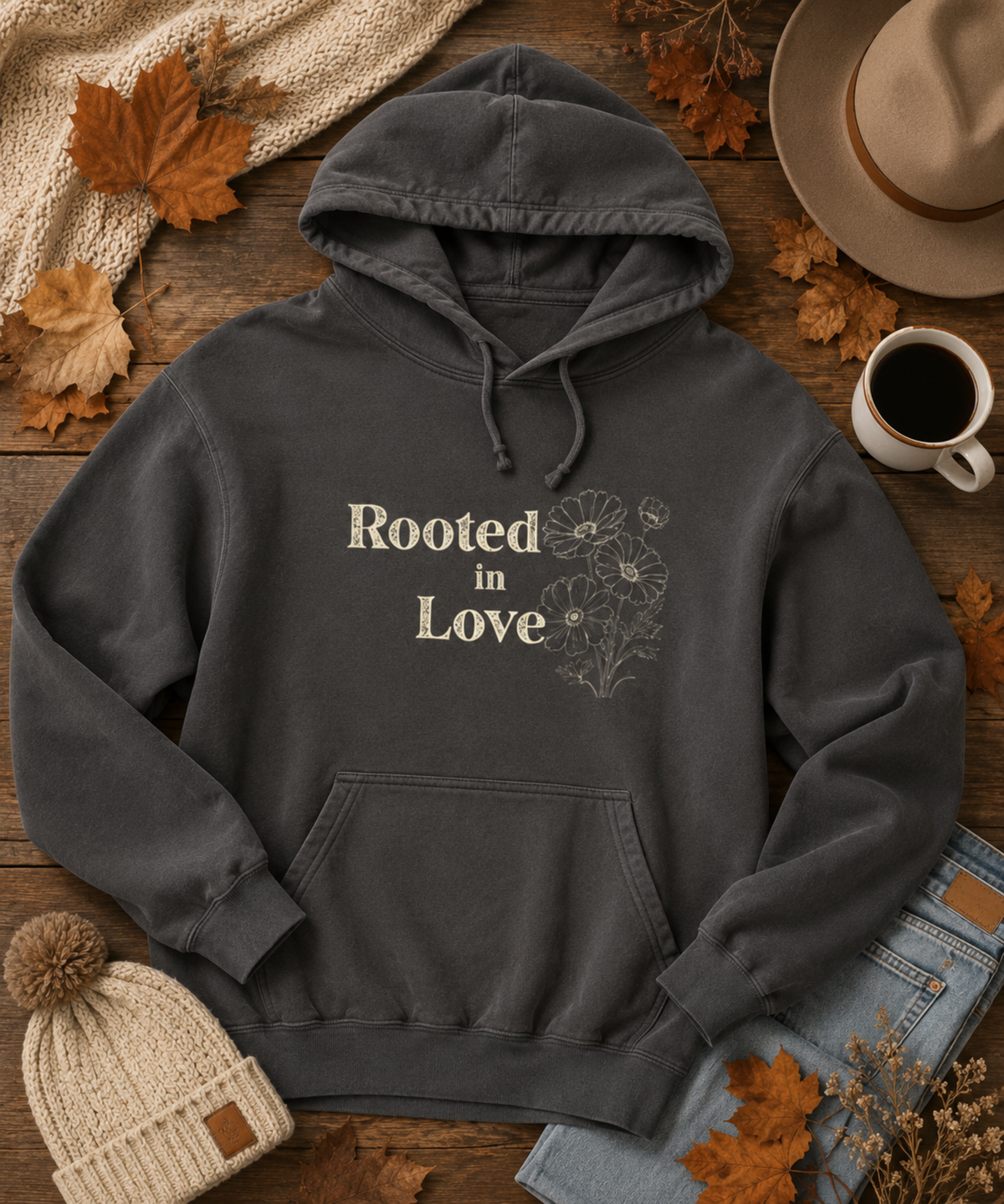 A Pepper comfort colors hoodie with 'Rooted in Love' and a floral design printed on the chest, styled in a cozy flat-lay arrangement with autumn leaves, a hat, a beanie, jeans, and a cup of coffee on a wooden surface.