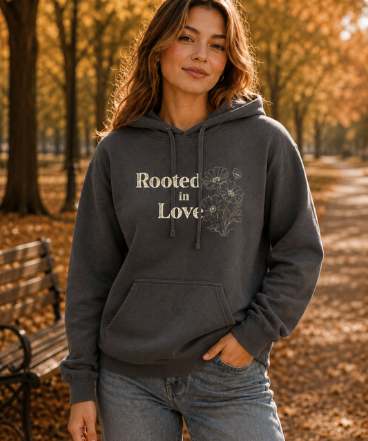 A woman wearing a pepper comfort colors hoodie with 'Rooted in Love' and a floral graphic printed on the chest, standing in an autumn park with fallen leaves and trees in the background.
