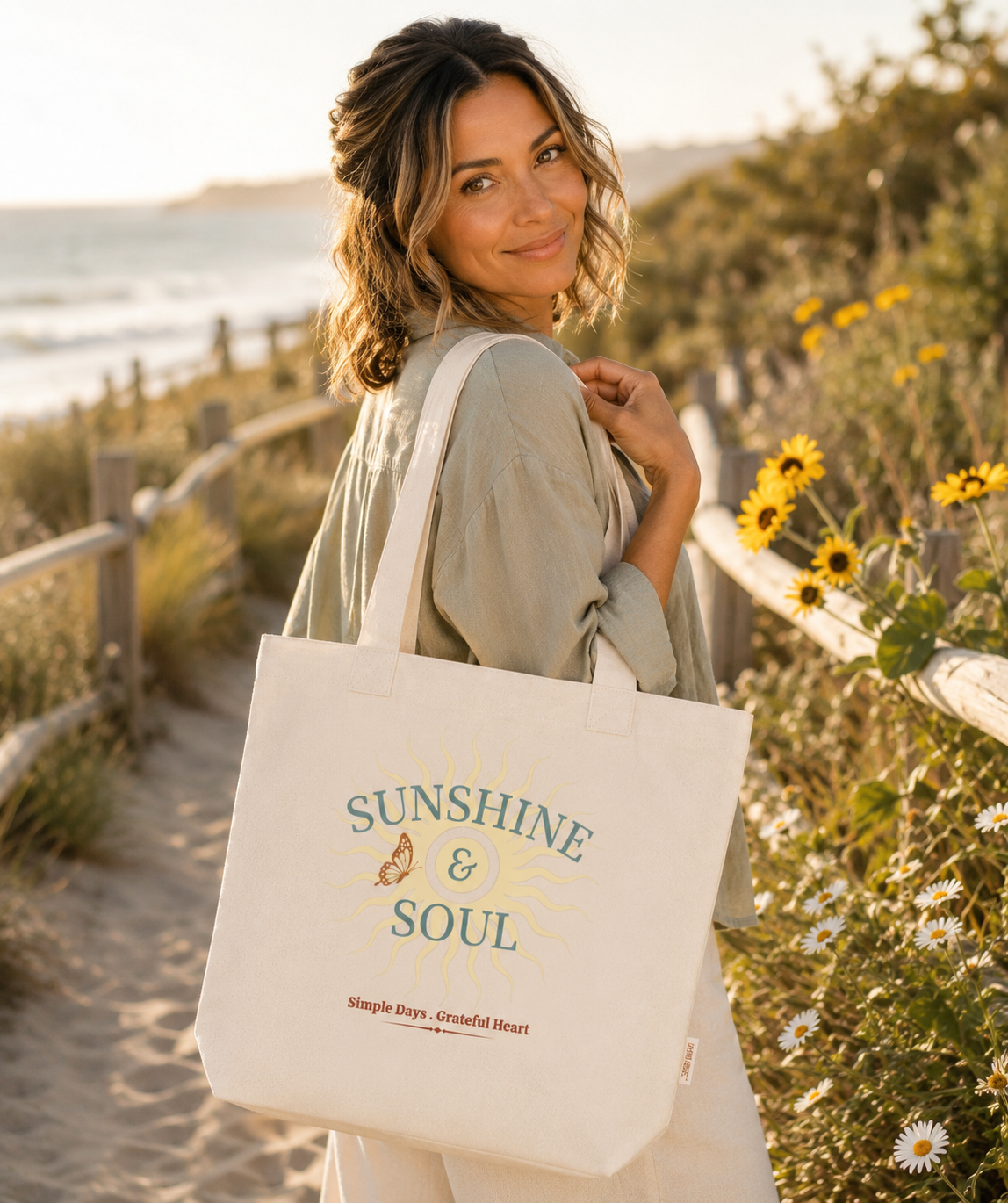 A woman on a sandy beach path carrying an Ivory comfort colors canvas tote bag with 'SUNSHINE & SOUL' printed in green and yellow, with sunflowers and the ocean in the background.