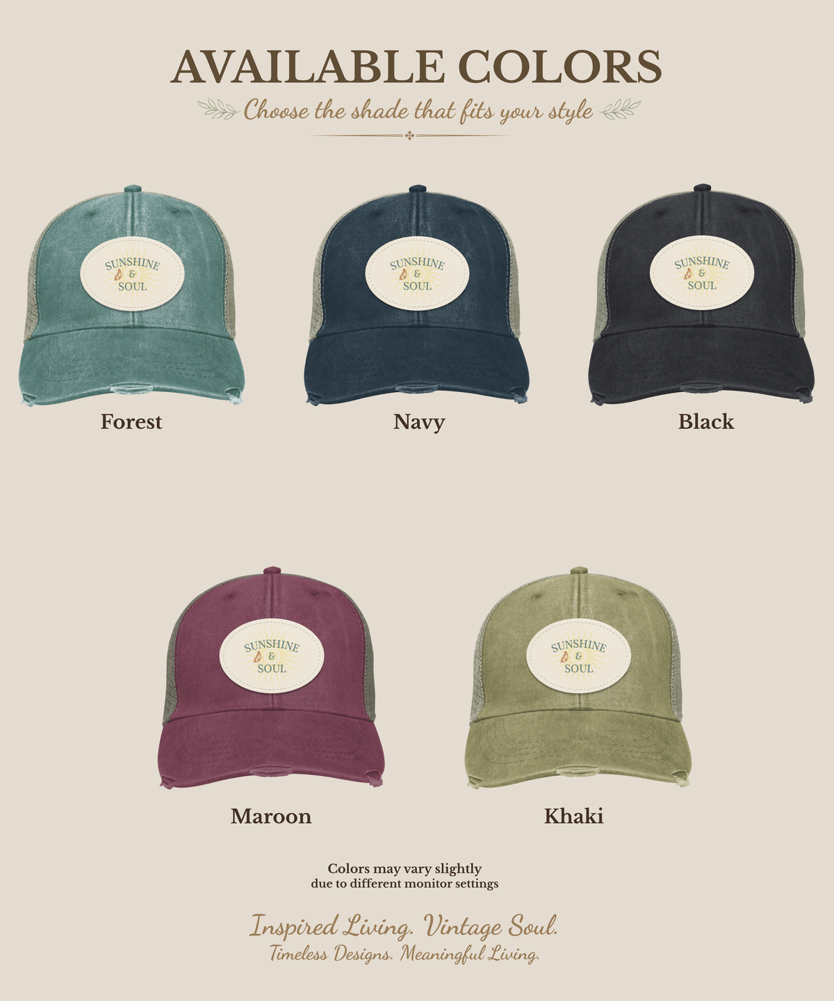 Available color options for the Sunshine & Soul vintage distressed trucker cap featuring an original sublimated vegan leather patch. Colors shown include Forest, Navy, Black, Maroon, and Khak