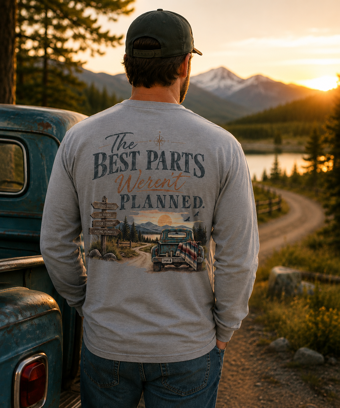 A man stands with his back to the camera wearing a gray long-sleeve graphic t-shirt with a rustic outdoor print on the back, standing next to a vintage blue pickup truck in a scenic mountain landscape at sunset.